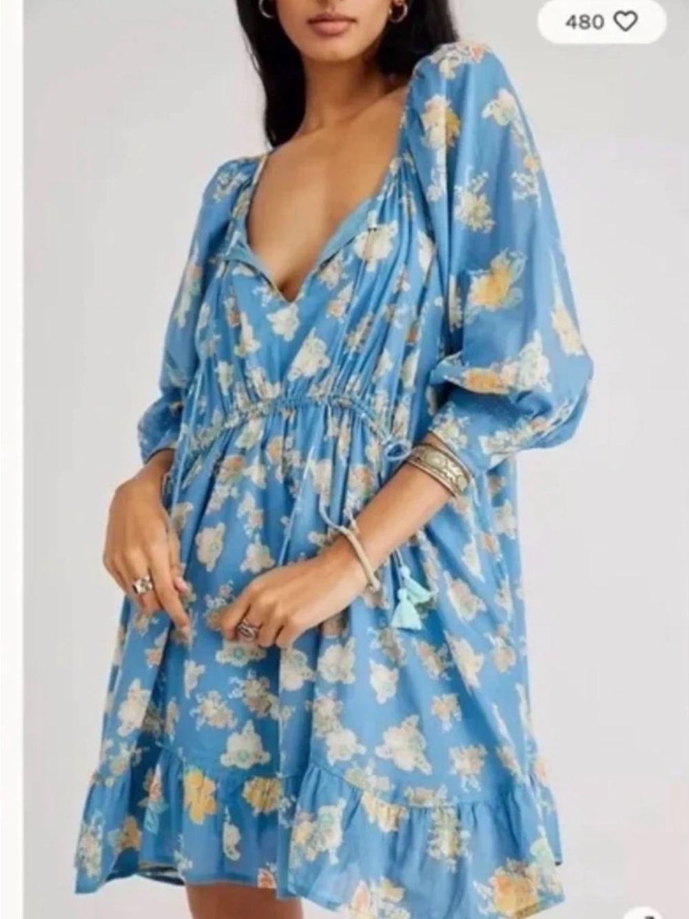 Free People Light Blue Floral V-Neck Babydoll Mini Dress